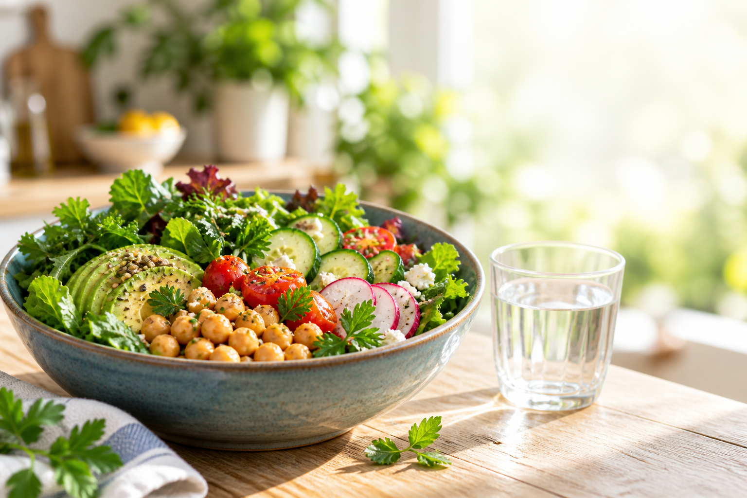 Fresh Mediterranean salad and water